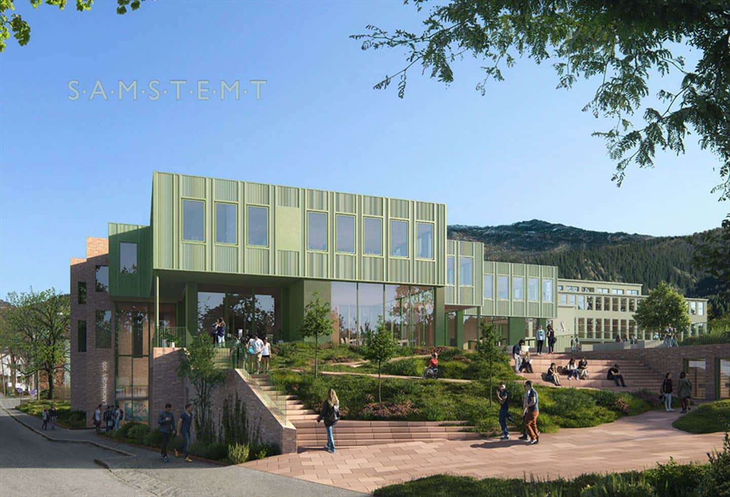 Et moderne, miljøvennlig bygg i to etasjer med store vinduer, omgitt av anlagte grønne områder og folk som går eller sitter ute under en klar, blå himmel. Ordet «SAMSTEMT» vises på himmelen.