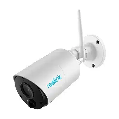 Reolink-argus-Eco Hvitt, kuleformet sikkerhetskamera med "reolink"-logo, montert på en veggbrakett med antenne for trådløs tilkobling.