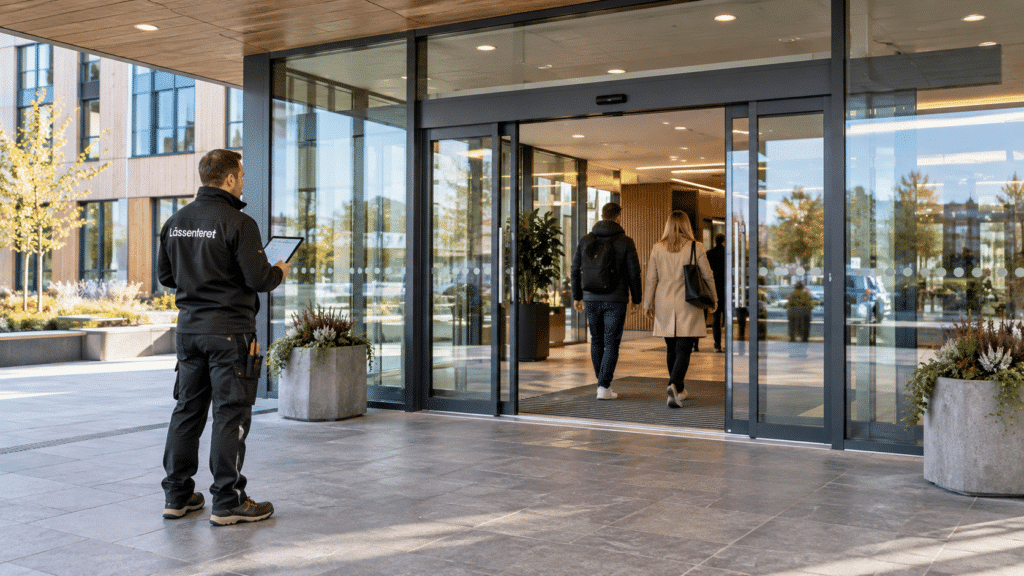 Servicetekniker fra Låssenteret kontrollerer automatisk inngangsdør