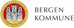 Den offisielle logoen til Bergen kommune består av et bysegl i rødt og gull med et slott, sammen med teksten "Bergen Kommune" i svart.