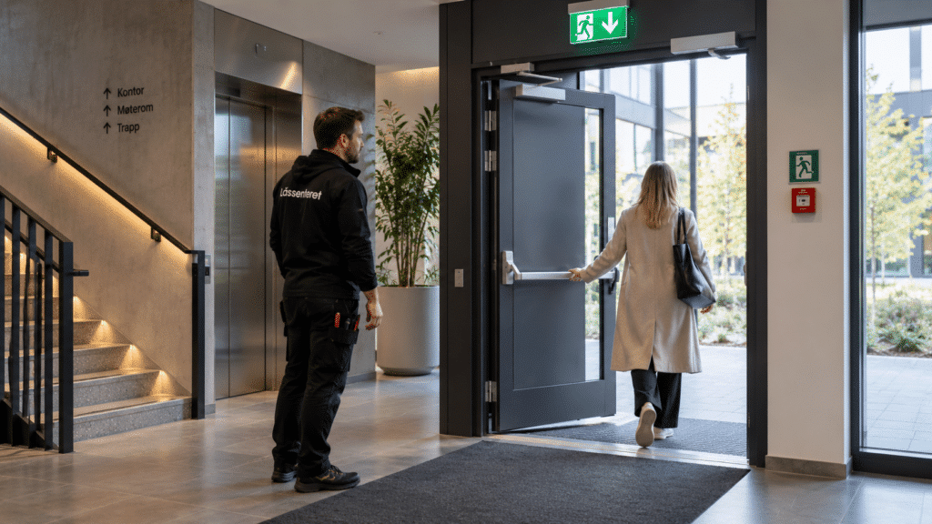 Rømningsdør med panikkbeslag og servicetekniker fra Låssenteret