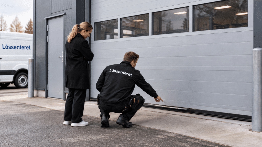 Låssenteret inspiserer en garasjeport for feil og slitasje