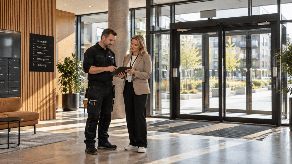 Låssenteret gjennomgår servicebehov for dører med driftsansvarlig