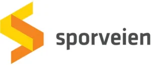 Sporveien-logo med et geometrisk gult og oransje "S"-symbol ved siden av ordet "sporveien" i små grå bokstaver.